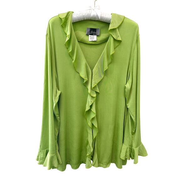 Slinky Brand Sweaters - SLINKY BRAND Lime Green Ruffle Front Cardigan Top Y2K Vintage Artsy | XL